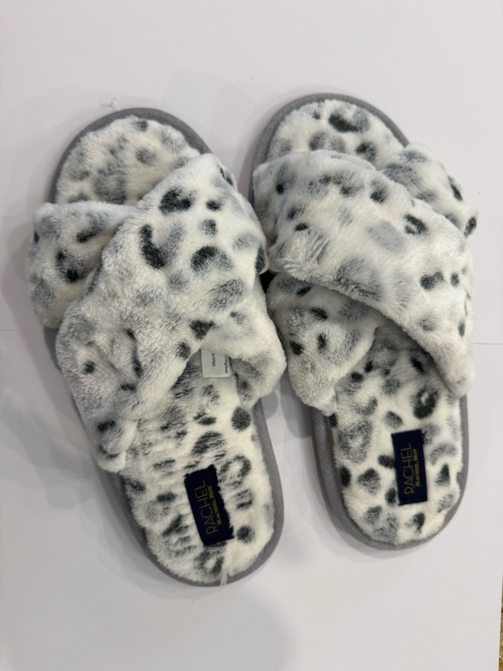 RACHEL Rachel Roy Gray and White Leopard Faux Fur Slide Slippers